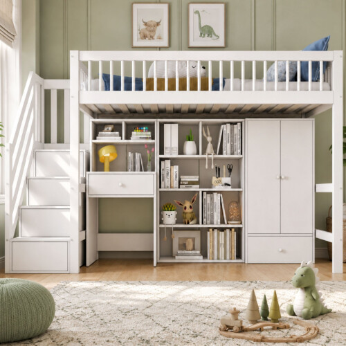 HOMAIRE Kids Study Bed with Desk & Storage White 2