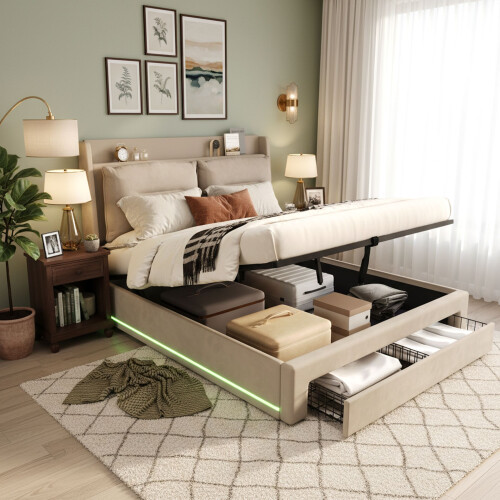 HOMAIRE Beige Velvet Upholstered Double Bed 1