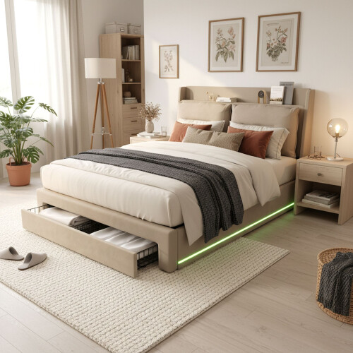 HOMAIRE Beige Velvet Upholstered Double Bed 2