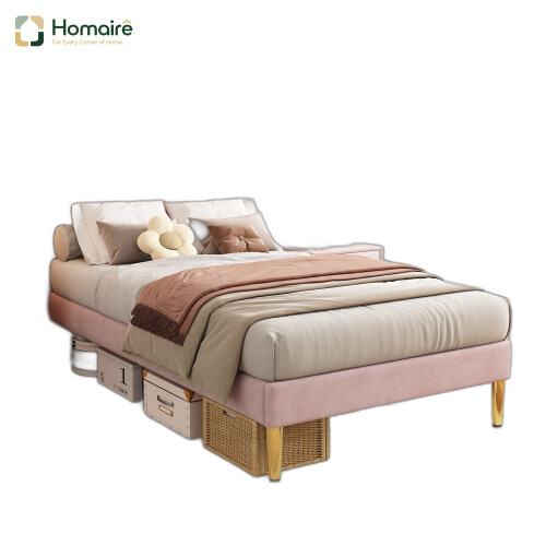HOMAIRE Pink Velvet Single Bed with Adjustable