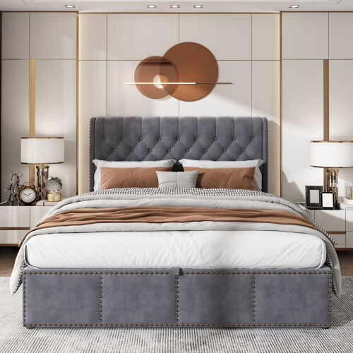 HOMAIRE Grey Velvet Double Bed with Storage 2