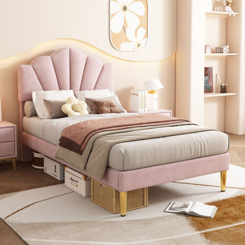 HOMAIRE Pink Velvet Single Bed with Adjustable 2