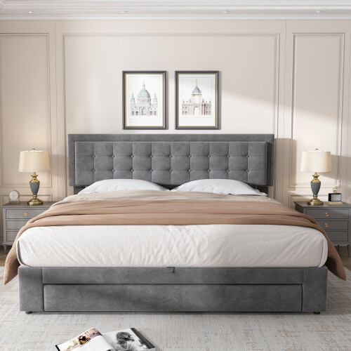 HOMAIRE Grey Velvet King Size Upholstered Bed 2