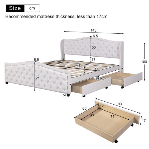 HOMAIRE Upholstered Bed 135x190cm White PU 1