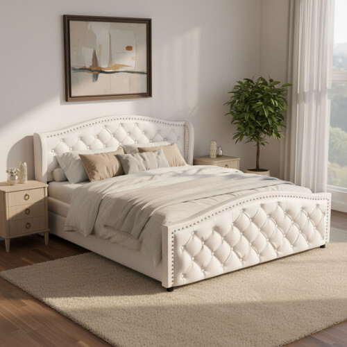 HOMAIRE Upholstered Bed 135x190cm White PU 2
