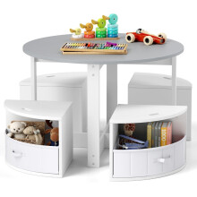 Runder Kindertisch mit 4 Hockern mit Stauraum, Grau