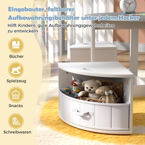 Runder Kindertisch mit 4 Hockern mit Stauraum, Grau 1
