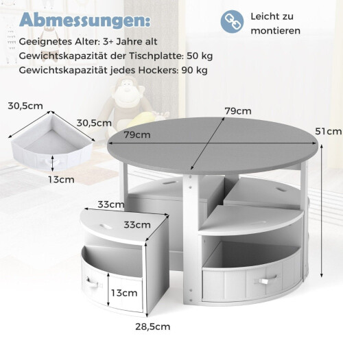 Runder Kindertisch mit 4 Hockern mit Stauraum, Grau 2