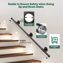 Misvayli Stair Handrail 1.2M, Metal Wall Mounted Banister for Indoor & Outdoor Stairs, Black Wrought Iron Stair Rail with Fixings for Balcony & Garden