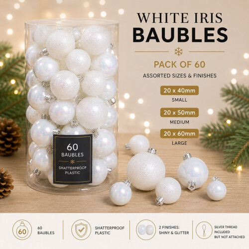 60 White Iridescent Baubles Shatterproof Christmas