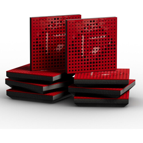 (Red glossy Plastic) 8 Pack - Small Acoustic Panel | Decorative Sound Absorbing Wall Panel "WILDS-Mini" 25x25x3 cm | Absorption & Diffusion