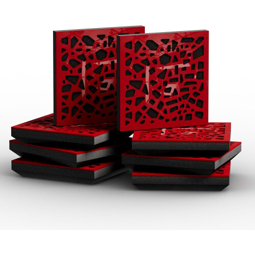 (Red glossy Plastic) 8 Pack - Small Acoustic Panel | Decorative Sound Absorbing Wall Panel "P32-Mini" 25x25x3 cm | Absorption & Diffusion