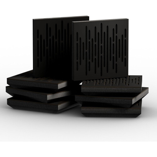 (Black) 8 Pack - Small Acoustic Panel | Decorative Sound Absorbing Wall Panel "WAVE-Mini" 25x25x3 cm | Absorption & Diffusion