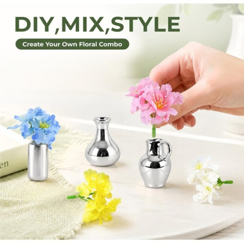 8Pcs Silver Ceramic Vase Magnets with Artificial Flowers, Embedded Strong Magnets for Secure Hold  Fridge, Lockers 2