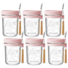 6er-Pack 473-Ml-Glasbehälter für Overnight Oats mit Deckel und Löffel, Luftdicht, Rosa, Ideal für die Zubereitung Von Mahlzeiten