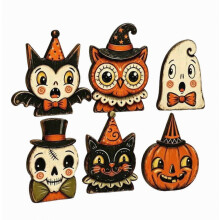 6-teiliges Set Retro-Halloween-Tischdeko aus Holz, niedliche Geister-Kürbis-Figuren für Etageren und Kaminsims
