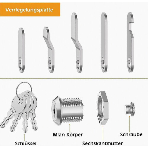 Lock, 4 Keys, Comes with 5 Different Lock Plates, Letter Box Lock 16 mm, Locker Lock, 2