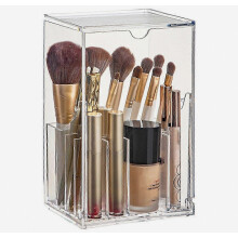 Organizador de maquillaje: Estante para labiales de gran capacidad con almacenamiento para brochas y soporte de escritorio a prueba de polvo para