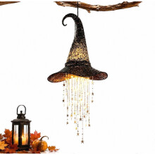 Valaisevat Halloween-noitahattukoristeet, hehkuva riippuva noitahattu tähtitupsuvaloilla, aavemainen ulkokoristeena kuistin puutarhajuhliin