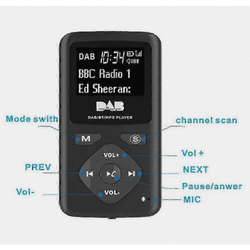Raidió Digiteach DAB/DAB+ le Bluetooth 4.0, Raidió Póca FM Iniompartha, Seinnteoir MP3 & Cluasáin USB 2