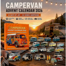 Adventskalender 2026 in de vorm van een camper met 24 platte acryl verzamelobjecten, een verrassend kerstcadeau voor kampeer- en reisliefhebbers.