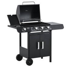 3+1 Burner Gas BBQ Grill, Wheels, Warming Rack, Side Shelves, Cabinet, Thermometer for Garden, Party, Camping, 110L x 50W x 100Hcm, Black