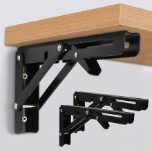 2026 Suitable 2 Pcs Folding Shelf Brackets 8 inch Black Heavy Duty Metal Triangle Table Bench Collapsible Shelf Bracket, Shelf Support Bracket Hinge W