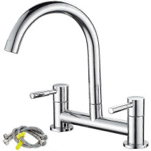 Dual Lever Bridge Faucet with 2 Hole Installation 180mm Centre Distance Deck Mounted and 1/4 Turn Swivel Kitchen Sink Mixer Tap