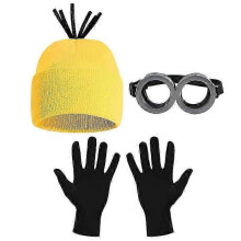 3PCS Costume Accessories Adult Yellow Beanie Knit Hats Steampunk Goggles Glasses Black Gloves Halloween Cosplay Party