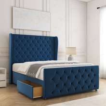 (Blue, 4ft Small Double (with Mattress)) Upholstered Velvet Divan Double Bed 54” Headboard with 2 Drawers Storage Bed Mattress