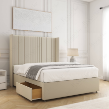 (Cream, 4ft6" Double (No Mattress)) Velvet Upholstered Double Divan Bed with 2 Drawers Storage 54'' Wing Headboard Mattress