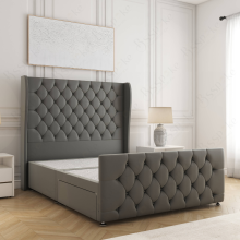(Grey, 3ft Single (No Mattress)) Upholstered Velvet Divan Double Bed 54” Headboard with 2 Drawers Storage Bed Mattress