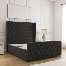 (Black, 4ft Small Double (No Mattress)) Upholstered Velvet Divan Double Bed 54” Headboard with 2 Drawers Storage Bed Mattress