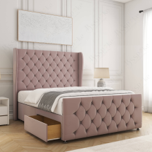 (Pink, 5ft King (with Mattress)) Upholstered Velvet Divan Double Bed 54” Headboard with 2 Drawers Storage Bed Mattress