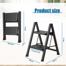 Escabeau pliable à 2 marches, cadre en acier inoxydable noir, antidérapant, capacité 150 kg