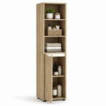 (Oak & White) 140cm 4 Tier Tall Bathroom Storage Cabinet w/ Door