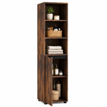 (Rustic Oak & Black) 140cm 4 Tier Tall Bathroom Storage Cabinet w/ Door