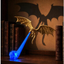 Dragon Bookshelf Nook Light,3D Printed Dragon Sculpture with Spread Wings,Shelf Accent for Desk,Library,Collector Display (Gold Dragon with Blue Flam