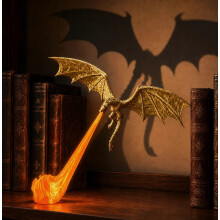 Dragon Bookshelf Nook Light,3D Printed Dragon Sculpture with Spread Wings,Shelf Accent for Desk,Library,Collector Display (Gold Dragon with Red Flame