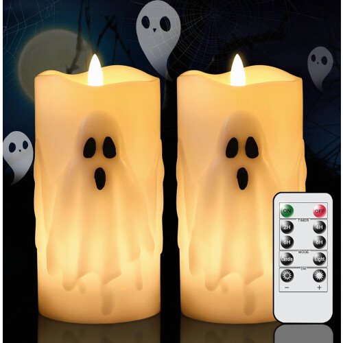 Halloween Ghost Flameless Pillar Candles with Remote Timer, 2PCS_Special Gift