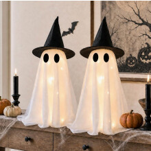 Halloweenversieringen - Set van 2 oplichtende spoken met heksenhoedjes - Speciaal cadeau