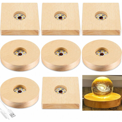8 Pcs Wooden LED Display Base, Round and Square Surface Style_Special Gift