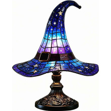 Witch Hat Lamp Stained Glass, Witch Lamp Stained Glass, Halloween Lamps, Vintage Halloween Table Decor Night Light, Handcrafted Resin Gothic Wizard A