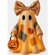 Lighted Halloween Ghost Decor, Patchwork Resin Pumpkin Lamp with Floral Bow_Special Gift