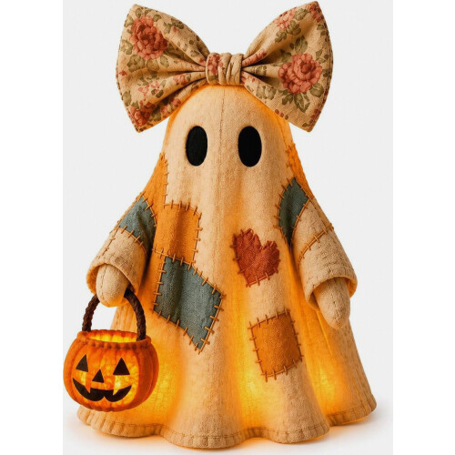 Lighted Halloween Ghost Decor, Patchwork Resin Pumpkin Lamp with Floral Bow_Special Gift