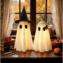 Halloweenske dekorácie do interiéru, sada 2 svietiacimi duchmi s čarodejníckymi klobúkmi_špeciálny darček