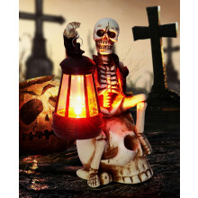 2025 Solar Halloween Decorations Outdoor,Skeleton Figurine Halloween Table Decoration for Outdoor,Skull Statue with Red LED Lantern,Skull Decor for P