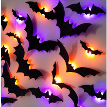 Dazzle Bright 100 Halloween-Fledermaus-Aufkleber mit 60 lila und orangen Lichtern, beleuchtete 3D-Fledermaus-Wandaufkle