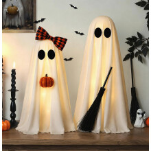 Halloweenske dekorácie do interiéru, 2 ks osvetlených duchov s tekvicou a metlou_Špeciálny darček