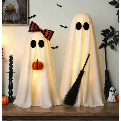 Halloween Decorations Indoor, 2 Pack Lighted Ghost Decor with Broom Pumpkin_Special Gift